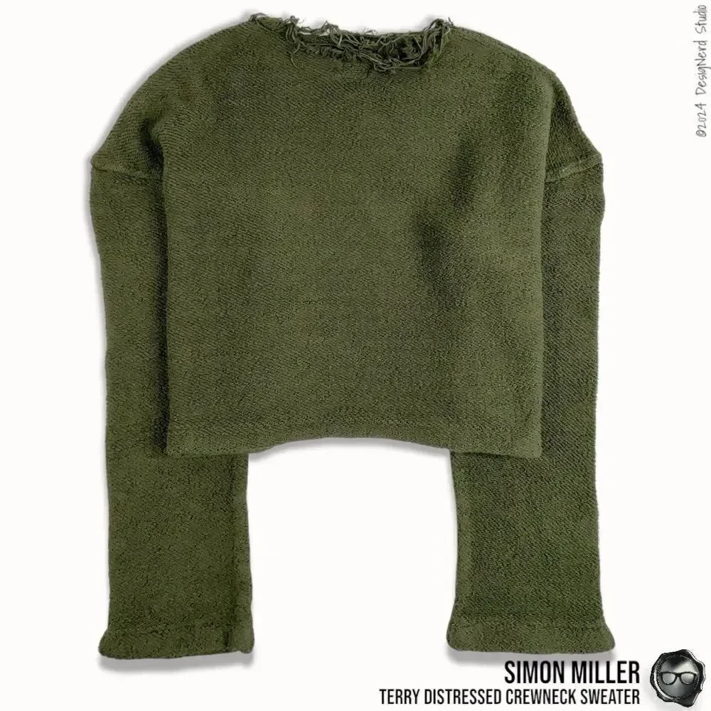 SIMON MILLER DISTRESSED CREWNECK SWEATER IN MOSS GREEN TERRY CLOTH 2016 OVERSIZE